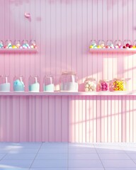 Vibrant Pastel Pink Candy Shop Interior with Sunlit Jar Shadows on Smooth Wall and Tiled Floor - Joyful, Nostalgic Mood