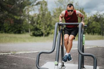 A muscular man with tattoos exercises on horizontal bars in a green, urban park, showcasing strength and fitness.