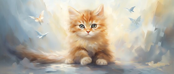 Cute kitten angel in animal heaven Oil painting on canvas with texture and brush strokes Grief card Ideal of crematories