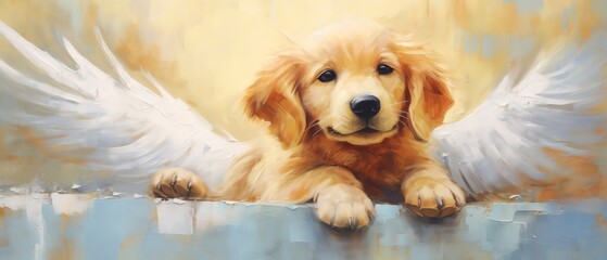 Cute puppy angel in animal heaven Oil painting on canvas with texture and brush strokes Grief card Ideal of crematories