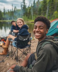 Joyful Mixed-Gender Teenagers Celebrating Youth Day with a Lakeside Camping Trip