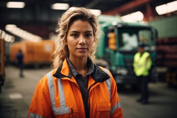 Naklejka premium Female logistics worker as driver in shipping manufacturing industry