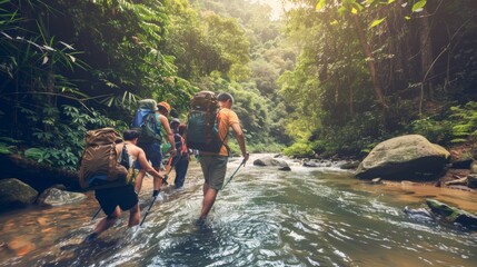 Group of Diverse Friends on a Wilderness Adventure, Crossing a River in a Lush Forest Setting at Sunset