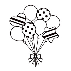 Illustration of a simple line drawing of many balloons bunched together with ribbons