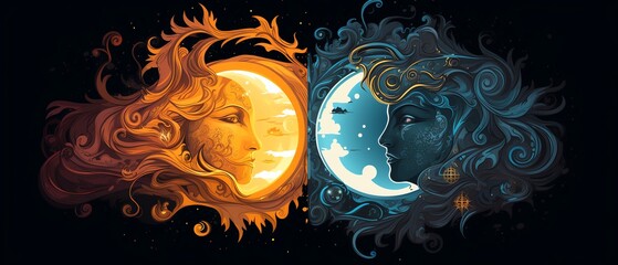 Sun and moon Contrasting elements concept art Good and evil yin and yang Hot and cold Light and dark Love and hate With copy space for text Thermal Equilibrium Hot and Cold