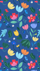 Collection of colorful floral elements in flat color. Set of spring and summer wild flowers, plants, branches, leaves and herb.