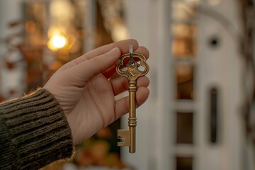 Celebrating Homeownership: Close-up of Hand Holding Key in Front of New Home During Sunset, Symbolizing Achievement and Joy