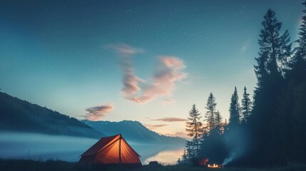 Tranquil Dawn Camping Scene for National Camping Month: Tent, Campfire, Pine Trees, and Serene Lake with Copy Space
