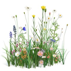 Grass meadow flowery shapes cut out 3d rendering isolated on white background 