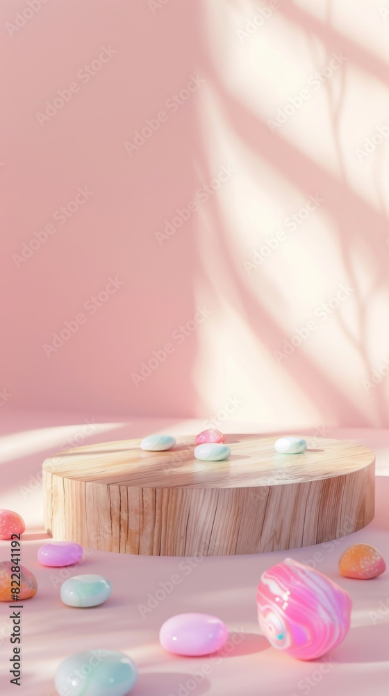 Poster minimalist pastel pink mockup with raw wooden podium and colorful candies, soft lighting and gentle 
