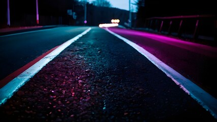 A long road illuminated by purple lights, creating a captivating and enchanting atmosphere.

