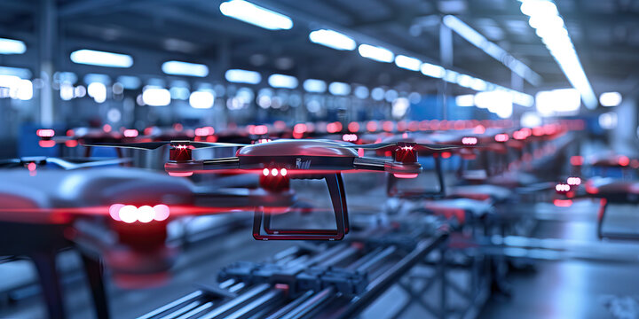 Aerial Drone Manufacturing Facility: Displaying a factory where drones are manufactured and tested for various purposes