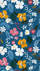 Collection of colorful floral elements in flat color. Set of spring and summer wild flowers, plants, branches, leaves and herb.