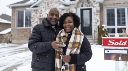 Joyful Middle-Aged African American Couple Celebrates New Homeownership in Winter, Standing Outside Their Snow-Covered House with Sold Sign