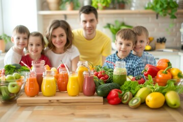 Joyful Family Enjoying a Healthy Meal with Fresh Fruits and Vegetables in a Bright Kitchen Setting