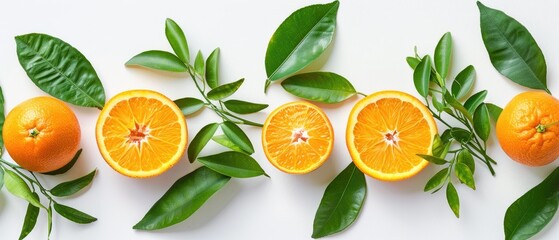 Obraz premium Juicy sliced orange with bright green leaves, showing the citrus texture on a white background