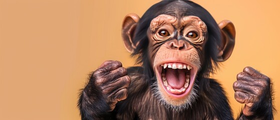 Playful monkey with ample copyspace on a light brown background