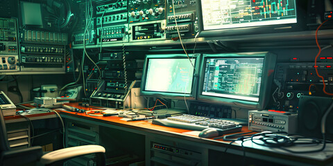 Fototapeta premium Retrofitted Cyberdeck Workshop: Showing a workshop where hackers build and modify their cyberdecks for accessing the matrix