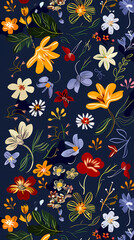 Collection of colorful floral elements in flat color. Set of spring and summer wild flowers, plants, branches, leaves and herb.