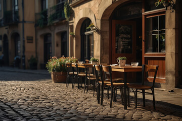 Coffee Shop, Bossa Nova style, cute tables outside, cobblestone road, flowers, daytime, cinematic lighting, moody, realism, photo taken with a canon Eos R5