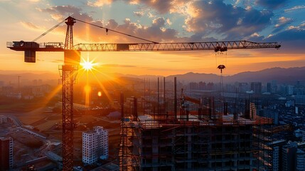 Construction site with cranes and scaffolding against sunset 