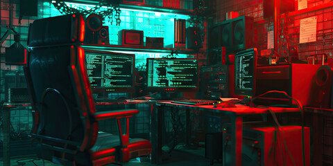 Underground Hacker Hideout: Displaying a hidden base where hackers gather to plan cybercrimes and conduct illicit activities