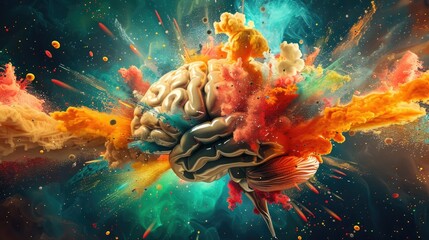 Concept art of a human brain exploding with knowledge and creativity 