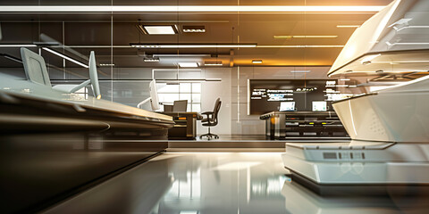 High-Tech Corporate Office: Showing a sleek and futuristic office space with advanced technology and minimalist design