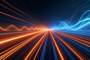 Technology concept of science energy blue orange light streaks background symbolizing speed digital domain gliding flash source future growth young megabit connectivity web