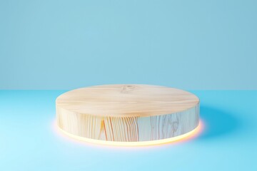 Contemporary Minimalist Wooden Podium with Pastel Blue Gradient Background in Soft Spotlight