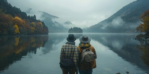 Mystic Lake Companionship: Overcast Day With Two Friends in Checkered Shirts and Hats by Foggy...