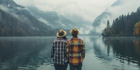 Misty Mountain Lake Friendship: Two Men in Checkered Shirts and Hats Enjoying an Overcast Day by a Tranquil Lake - Powered by Adobe