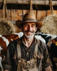 Fototapeta premium Farmer’s Joy in a Rustic Dairy Barn: Mature Male Dairy Farmer Proudly Smiling with His Cows in a Warm, Sunny Barn