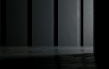 minimalist dark abstract interior design with geometric patterns and sleek textures. Perfect for contemporary spaces. 3D illustration