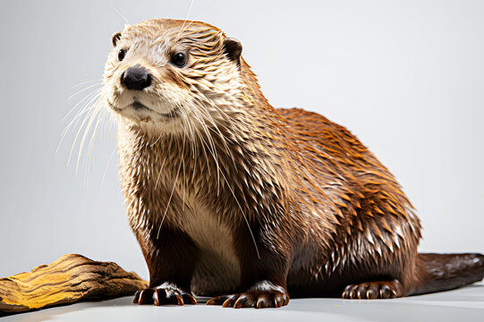 Brown Otter on white background. Realistic animal clipart template. Otters are active both during day and at night that can swim and find food in water. Chases fish and small aquatic animals as food.
