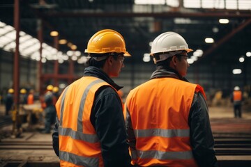 Industrial engineer worker wearing hat and safety suit at construction building site