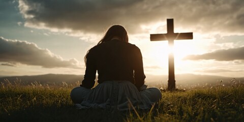 Silhouette of a woman sitting on the grass praying in front of a cross with cloudy sky - Powered by Adobe
