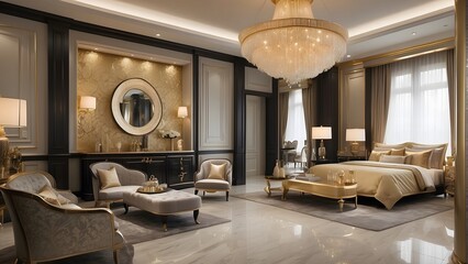 Royal luxury bedroom interior design, modern oyster and golden interior design, luxurious bedroom...