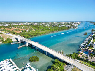 Boats in the intracoastal waterway on the barrier island of Jupiter Island in Palm Beach County, Florida