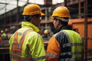 Industrial engineer worker wearing hat and safety suit at construction building site
