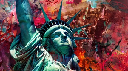 Obraz premium American Liberty, US freedom, fantastical illustrations painted with vivid colors, contemporary digital portrait photography, VFX
