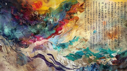 Fototapeta premium American Principles, US Declaration of Independence, mystical fantasy landscapes painted with colorful strokes, ancient Chinese oracle bone script, High-def