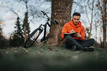 Fototapeta premium A young adult male in an orange hoodie rests against a tree with his bike beside him, writing something in his notebook.