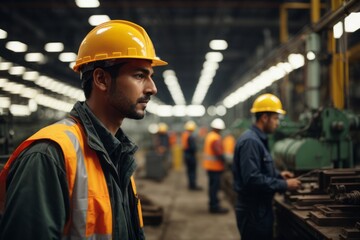 Industrial engineer wearing hat and safety suit in industrial manufacturing factory