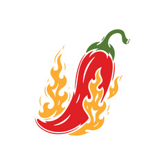 Red Chili Pepper with Fire Flames. Hot Chilli Taste. Spicy Food. Hand drawn. Vector illustration.