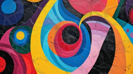 Fototapeta premium The first piece in the Gluon Gallery is a colorful abstract painting with bold swirls resembling the paths of gluons.