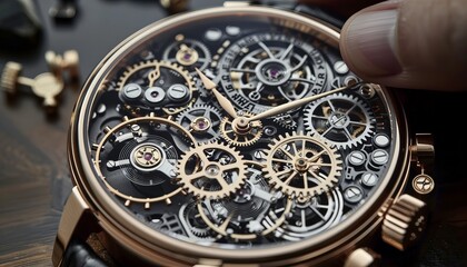 Close-up of an intricate mechanical watch with visible gears. Detailed craftsmanship showcasing the art of horology.