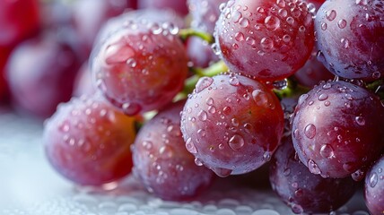 Close-up of fresh, dewy red grapes piled together, showcasing juicy textures and vibrant color in a refreshing, healthy image.