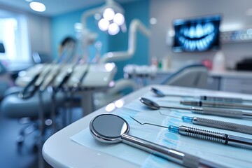 Close-up view of dental tools in a modern dentist office with a blurred background, dental chair, and equipment. - Powered by Adobe