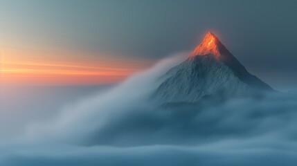 A lone mountain peak emerging from a sea of fog, with the tip glowing orange due to the rising sun....